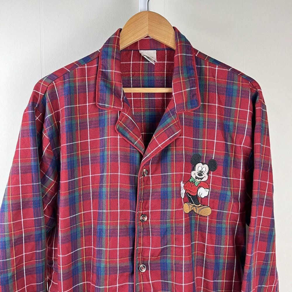 Disney Store Mens Pajama Top Red Plaid Mickey Mouse Embroidered Size Medium